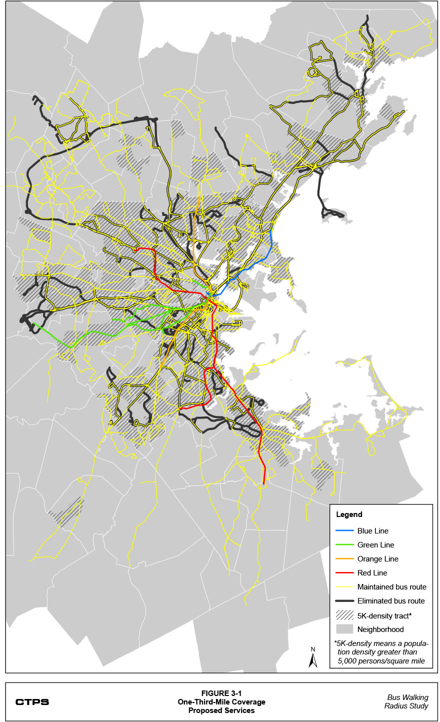 Figure 3-1: One-Third-Mile Coverage Proposed Services. This is a map that shows the transit routes that are proposed for maintenance and elimination in the service plan for the one-third-mile coverage threshold. The map also shows the location of census tracts with a population density greater than 5,000 persons per square mile.

